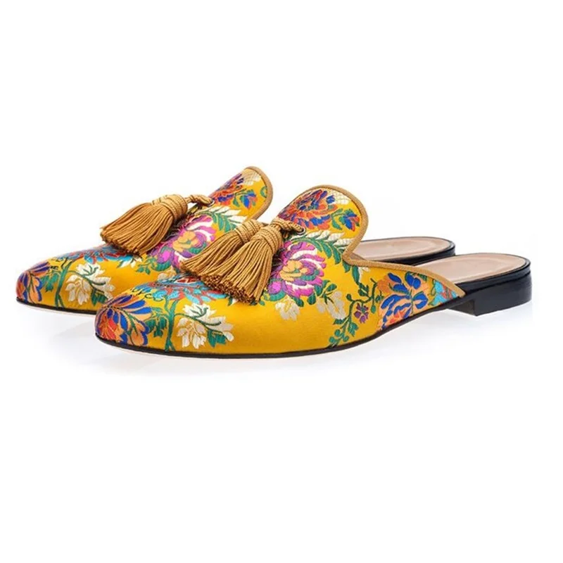 Classic Fashion Mules Yellow Floral Tassel Loafers Summer Handmade Half ... - $163.06