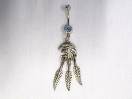 Engraved Eagle Head 3 Feather Dream Catcher Usa Pewter On 14g Blue Cz Belly Ring - £11.66 GBP