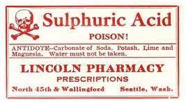 Vintage Pharmacy Label SULPHURIC ACID Poison Lincoln Pharmacy Seattle Wa... - $28.11