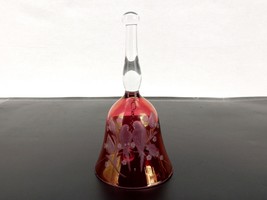 Cranberry Glass Bell, Love Birds w/Flowers &amp; Leaves, Clear Handle, Glass Clapper - £23.15 GBP