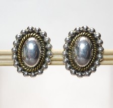 Vintage Laton Mexico Oval Rope Clip-on Stud Earrings 925 Sterling Silver &amp; Brass - £26.69 GBP