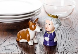 Queen and Corgi Salt Pepper Set Ceramic 3.5" High Royalty Purple Collectible image 2