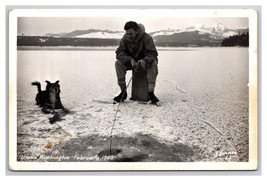 RPPC Ice Fishing February 1950 Man With Dog Union Washington WA UNP Postcard Y15 - £12.80 GBP