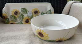 Ceramic Rectangular Sunflowers Tray &amp; Matching Fruit Bread Bowl Centerpiece New - £47.17 GBP