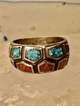 Zuni ring turquoise coral chips band size 7.25 sterling silver women men - £46.80 GBP