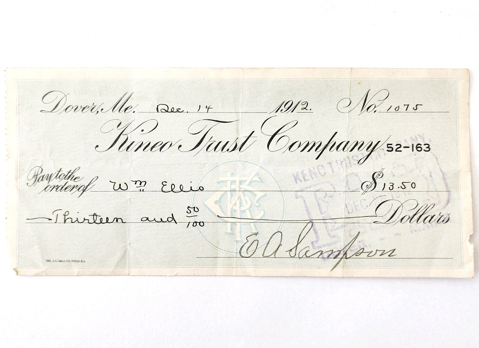 1912 Kineo Trust Company Bank Check E.A. Sampson Dover Maine Signed 1075 CHX4 Item image 2