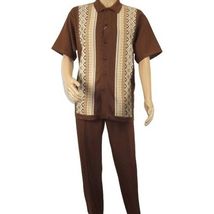 Men Silversilk 2pc Walking Leisure Matching Suit Italian Woven Knits 71003 Brown image 2