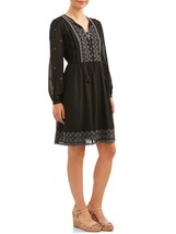Black Peasant Chiffon Dress Embroidered Long Sleeve Junior Size Med 8/10... - £9.54 GBP