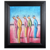 Untitled (Five Men Facing Left) By B. Long Signed Abstract Acrylic on Canvas - £332.38 GBP