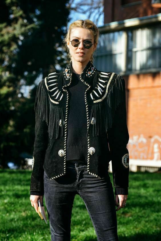 Black Color Real Suede Leather Women's Western Fringed Bone Beaded Concho Jacket