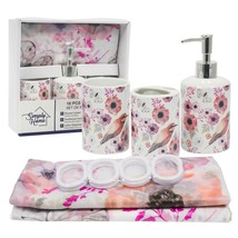 Pink Floral Bathroom Set Toothbrush Holder Soap Dispenser Shower Curtain - £8.96 GBP