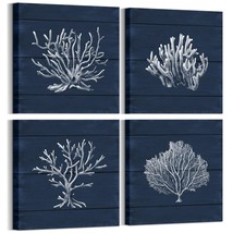 Coral Canvas Wall Art Prints Ocean Navy Blue Coastal Artwork Beach Home Decor Pi - £47.87 GBP