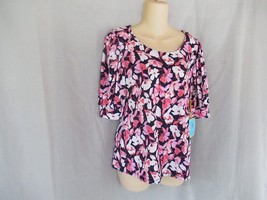 CeCe top blouse scoop neck Small blue  multi floral elbow sleeves New - $19.55