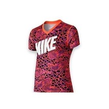 Nike Youth Girl&#39;s Legend Top Leopard Print V-Neck S/Sleeve T-Shirt, Crim... - $14.84