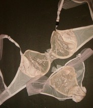 Victoria&#39;s Secret unlined 36B/34C BRA SET XS Taupe Lilac Silver FLORAL Embroider - £70.76 GBP