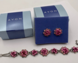 Avon Set of Silver Tone Pink Metal Roses Bracelet 7” &amp; Pierced Earrings ... - £21.53 GBP