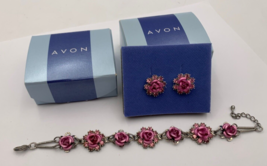 Avon Set of Silver Tone Pink Metal Roses Bracelet 7” &amp; Pierced Earrings 5/8&quot; - £21.53 GBP