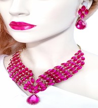 Pink Statement Necklace, Necklace Earring Set, Large Rhinestone Necklace, Brides - £51.02 GBP