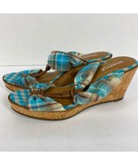 Sperry Shoes Womens 7 M Blue Brown Plaid Sandals Slip OnsTop-Sider Cork ... - £19.40 GBP