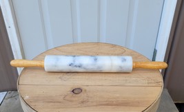 Polished Marble Rolling Pin w/ Wooden Handles 10&quot; Barrel White &amp; Light Gray - £18.68 GBP