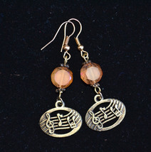 Music note earrings, Crystal earrings, Peach beads earrings, bronze (E981) - £11.18 GBP