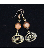 Music note earrings, Crystal earrings, Peach beads earrings, bronze (E981) - $13.99