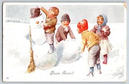 Postcard Happy New Year Buon Anno Children Building A Snowman - $7.95