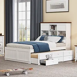 Merax Modern Farmhouse Solid Wood Captain Bed with Trundle, Full Bed Fra... - $862.99