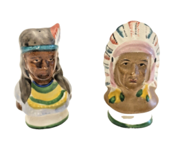 Salt &amp; Pepper Shaker Native American Chief Squaw Bust Figural Occupied J... - £21.12 GBP