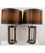 Matched Pair Large Ralph Lauren Glass and Leather Hurricane Lantern Tabl... - $2,715.23 CAD