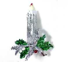 Vintage Gerry&#39;s Brooch Pin Christmas Candle Silver Tone Green Holly - $15.00