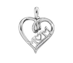 Sterling Silver Round Diamond Mom Mother Heart Pendant 1/20 ctw - £157.82 GBP