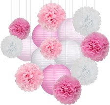 15Pcs Party Pack Paper Lanterns and Pom Pom Balls Hanging Decoration for Wedding - £28.04 GBP