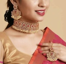 Indian Bollywood Gold Plated Choker Necklace Earrings Tikka Red Jewelry Set - £30.01 GBP
