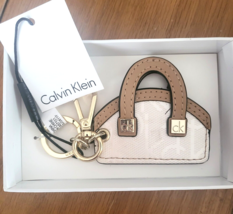 Calvin Klein Mini Leather &quot;Handbag&quot; Keychain Bag Charm - Cement &amp; Tan - £16.01 GBP