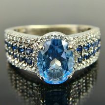 2.50Ct Oval Cut Blue Topaz Halo Women&#39;s Engagement Ring 14K White Gold Finish - £87.12 GBP