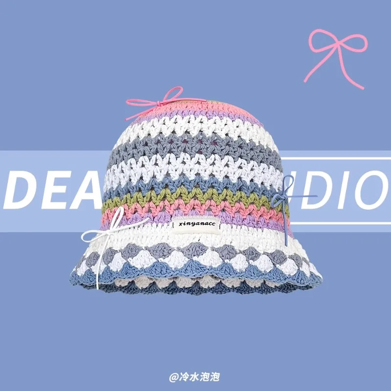 Dopamine Sweet Bow Striped Contrasting Color Knitted Bucket Hat Spring and - £17.34 GBP
