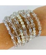 White Clear Frosted Crystal Silver Tone Bead Stack Bracelet Wrap Handmade - £31.59 GBP