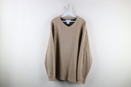 Vintage Columbia Mens XL Faded Striped Ribbed Knit V-Neck Sweater Oatmeal Brown - £35.57 GBP