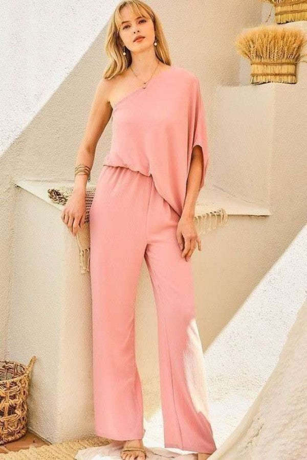 One Shoulder 3/4 Sleeve Unbalanced Waist Elastic Solid Pants Jumpsuit - $49.50