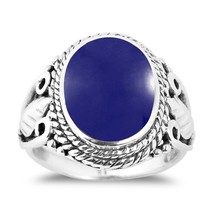 Vintage Inspired Round Dark Blue Lapis Leaf Accent Sterling Silver Ring – 7 - £15.88 GBP