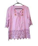 Women&#39;s Tunic Front Tie Lite Lavender Crochet Lace Embroidered Top Sz Sm... - $13.95