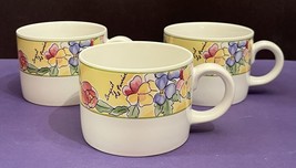 (3) Sakura Crème Brûlée Stoneware Tea Coffee Cups 1995 Sue Zipkin Floral Design - £5.94 GBP