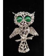Vtg Silver Tone MCM Owl Brooch with Large Green Cabachon Eyes Fashion Je... - $241.11 MXN