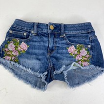 American Eagle Stretch Cut Off Jean Shorts Size 00 Embroidered Pink Rose... - £10.10 GBP