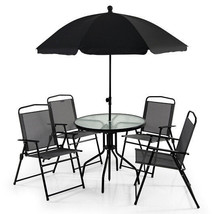 6 Pieces Patio Dining Set Folding Chairs Glass Table Tilt Umbrella for G... - £225.48 GBP