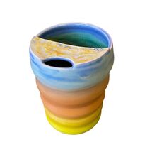 Studio Art Pottery Mustache Cup Handmade Pastel Drinking Glass Floral De... - $14.85