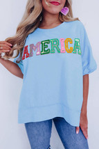 Mist Blue Sparkle America Pastel Embroidered Graphic T-shirt - $32.99