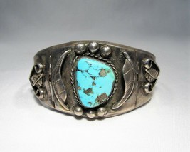 Estate Vintage &quot;Garden of Leaves&quot; Navajo Sterling Turquoise Cuff Bracelet 2522 - £502.99 GBP