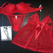 Victoria&#39;s Secret 38D,38DD Bra Set+Xxl Panty+Babydoll Dress Red Lace Dream Angel - £118.32 GBP